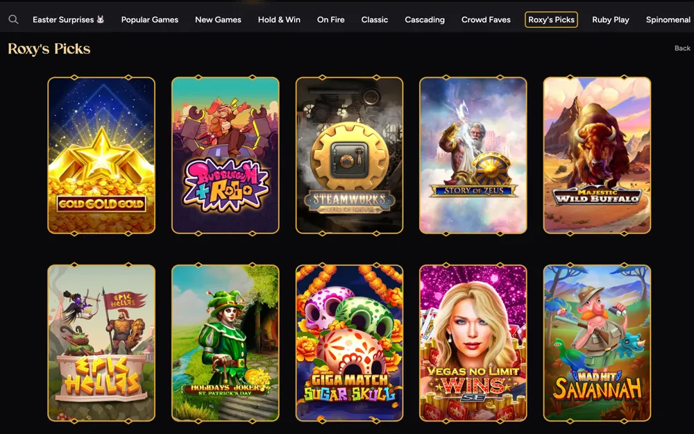 Roxy Moxy Casino âRoxyâs Picksâ section showing featured slot games