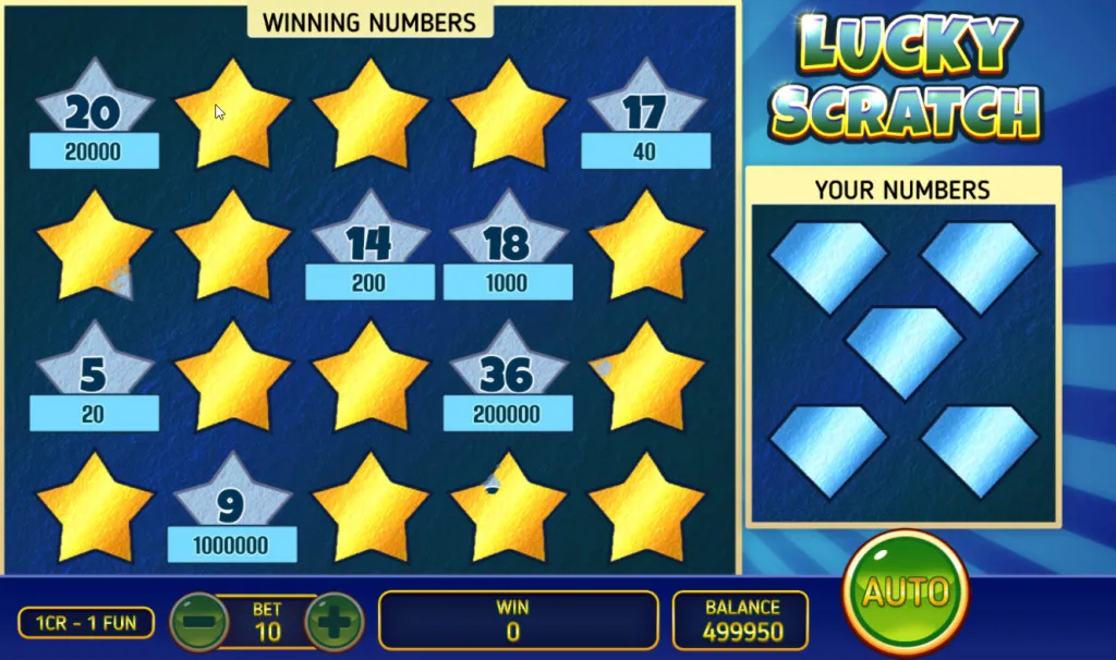 Online scratch card game with winning numbers being revealed