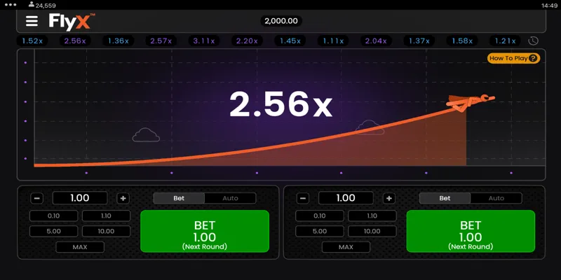 FlyX crash game in progress at a North Dakota online casino, showing rising multiplier