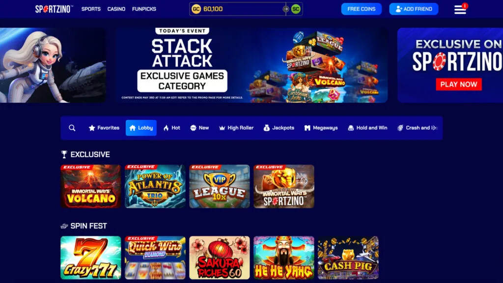 Sportzino website lobby showing sweepstakes casino games and social sports betting options