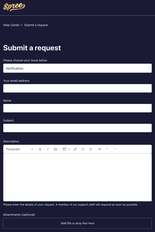 Spree Casino "Submit a Request" option for customer support