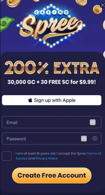 Spree Casino sign-up screen on mobile with the first-purchase bonus shown