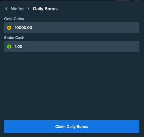 Stake.us wallet showing the daily login bonus ready to claim