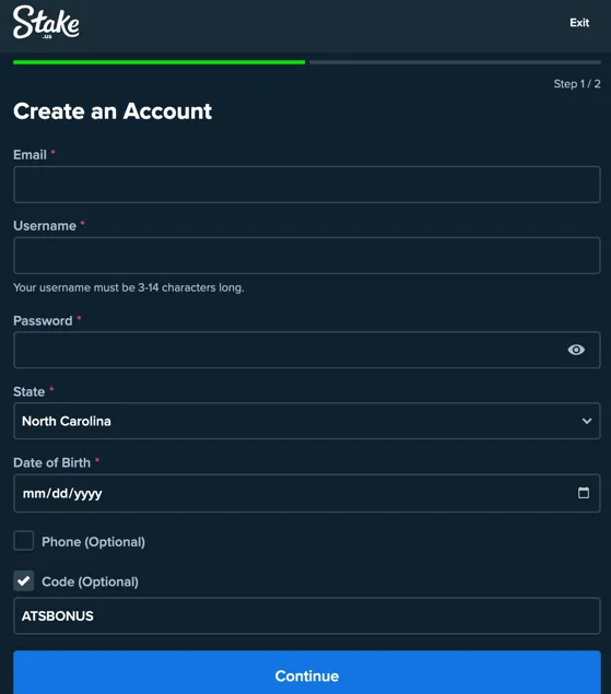 Stake.us registration page showing promo code field for new users in North Carolina