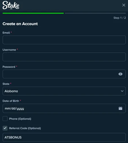 Stake.us registration form with promo code ATSBONUS entered during sign-up