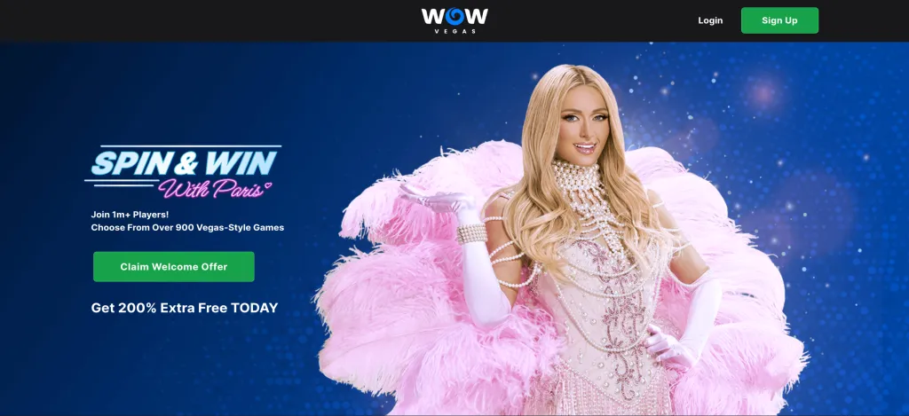 WOW Vegas Casino homepage with sign-up section and welcome bonus displayed