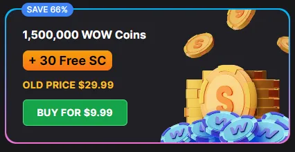 WOW Vegas first purchase bonus showing 1.5 million WOW Coins and 30 free Sweeps Coins for $9.99
