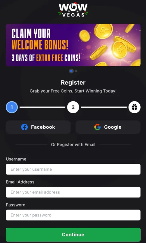 WOW Vegas sign-up form used to create an account and claim the no deposit bonus