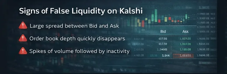 Signs of false liquidity in Kalshi markets, including wide spreads and thin order book depth